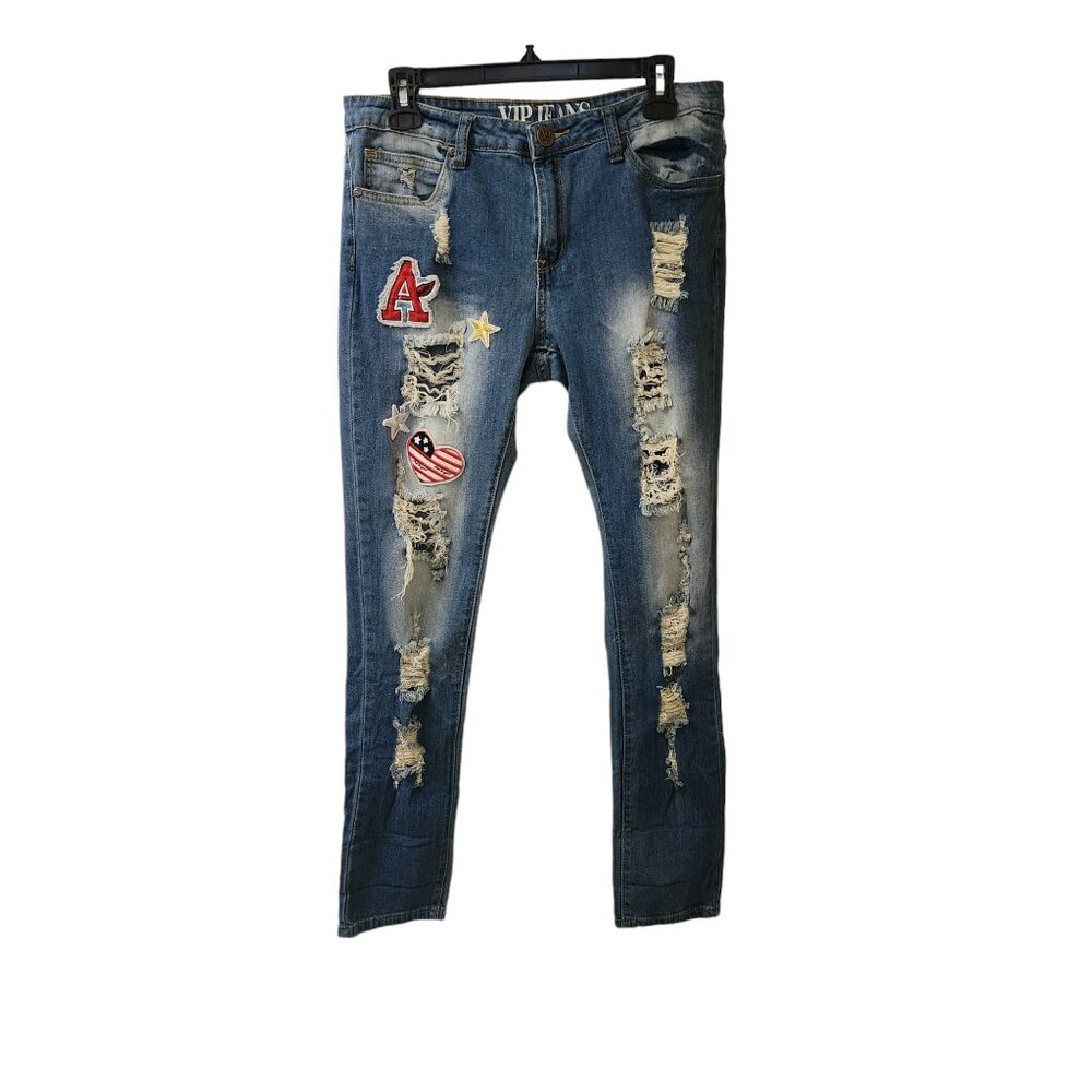 VIP Pacthwork Distressed Frayed Destroyed Skinny Jeans Size 11/12 Mid Rise